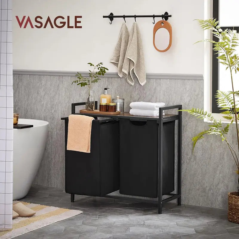 Laundry Basket with StorageShelf, 2/3-Compartment Laundry Hamper, Pull-Out and Removable Laundry Bags, LaundrySorter, Shelf, Metal Frame, 2 x 46L, 3 x 38L, LightOrganiser Plastic Adjustable Steel