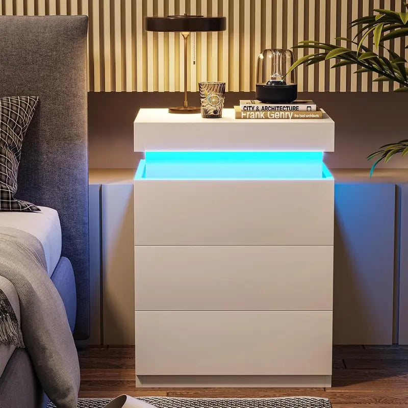 Nightstand with Charging Station and LED Lights, Night Stand with Sliding Top for Bedroom, Bedside Table with Drawers, Modern End Side Table