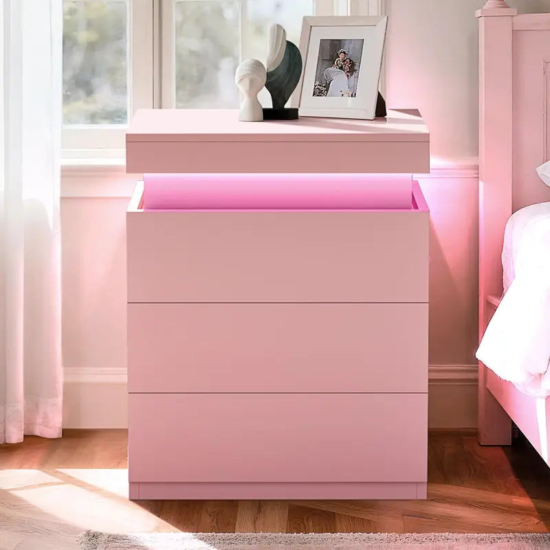 Nightstand with Charging Station and LED Lights, Night Stand with Sliding Top for Bedroom, Bedside Table with Drawers, Modern End Side Table