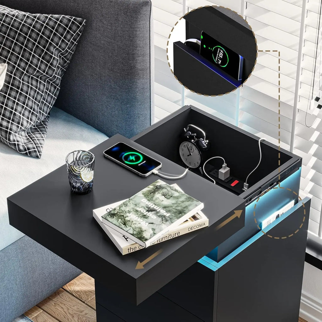 Nightstand with Charging Station and LED Lights, Night Stand with Sliding Top for Bedroom, Bedside Table with Drawers, Modern End Side Table