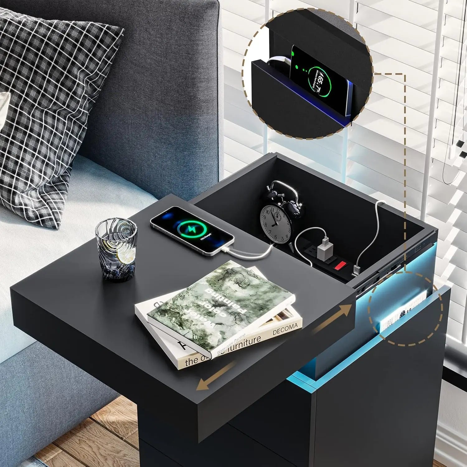 Nightstand with Charging Station and LED Lights, Night Stand with Sliding Top for Bedroom, Bedside Table with Drawers, Modern End Side Table