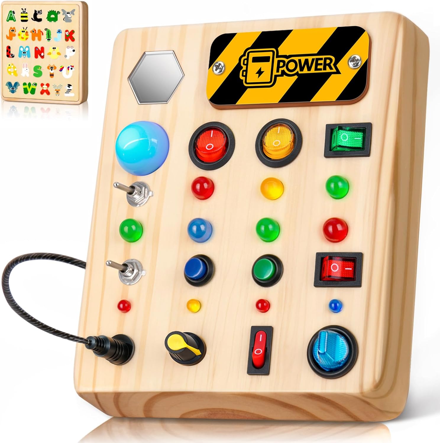 Busy Board Montessori Toys for Toddler, Wooden Sensory Board Switch Toy with Shape Sorter LED Light Up Travel Toys Educational Plane Travel Activity for 1-6 Year Old Girls & Boys Gifts