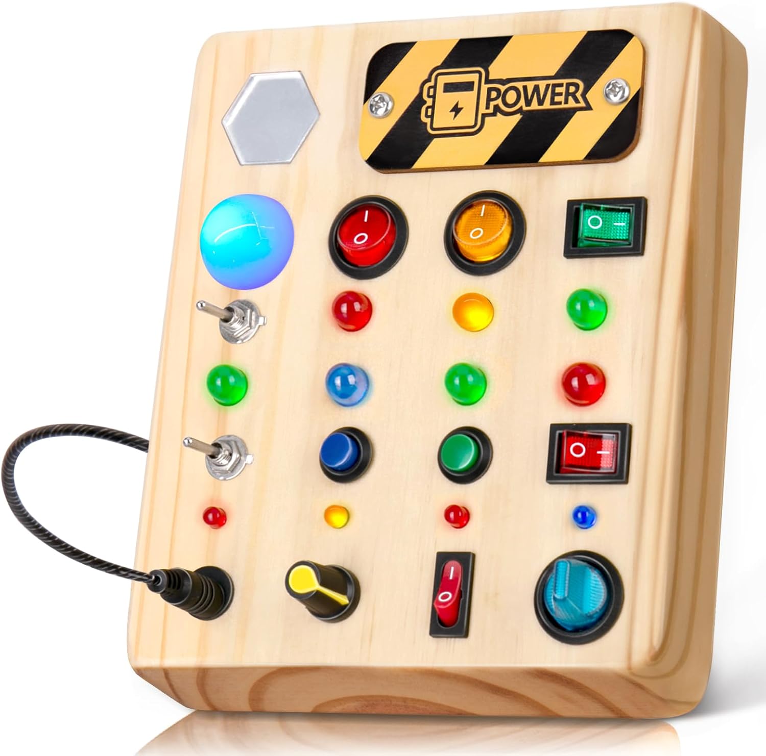 Busy Board Montessori Toys for Toddler, Wooden Sensory Board Switch Toy with Shape Sorter LED Light Up Travel Toys Educational Plane Travel Activity for 1-6 Year Old Girls & Boys Gifts