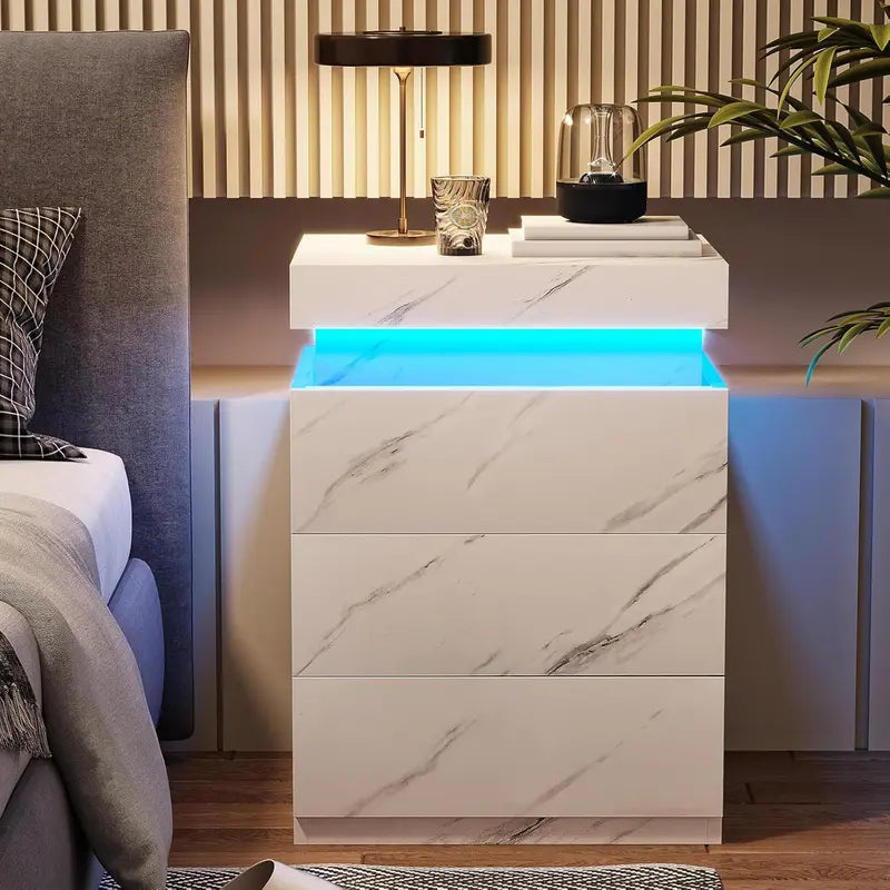 Nightstand with Charging Station and LED Lights, Night Stand with Sliding Top for Bedroom, Bedside Table with Drawers, Modern End Side Table