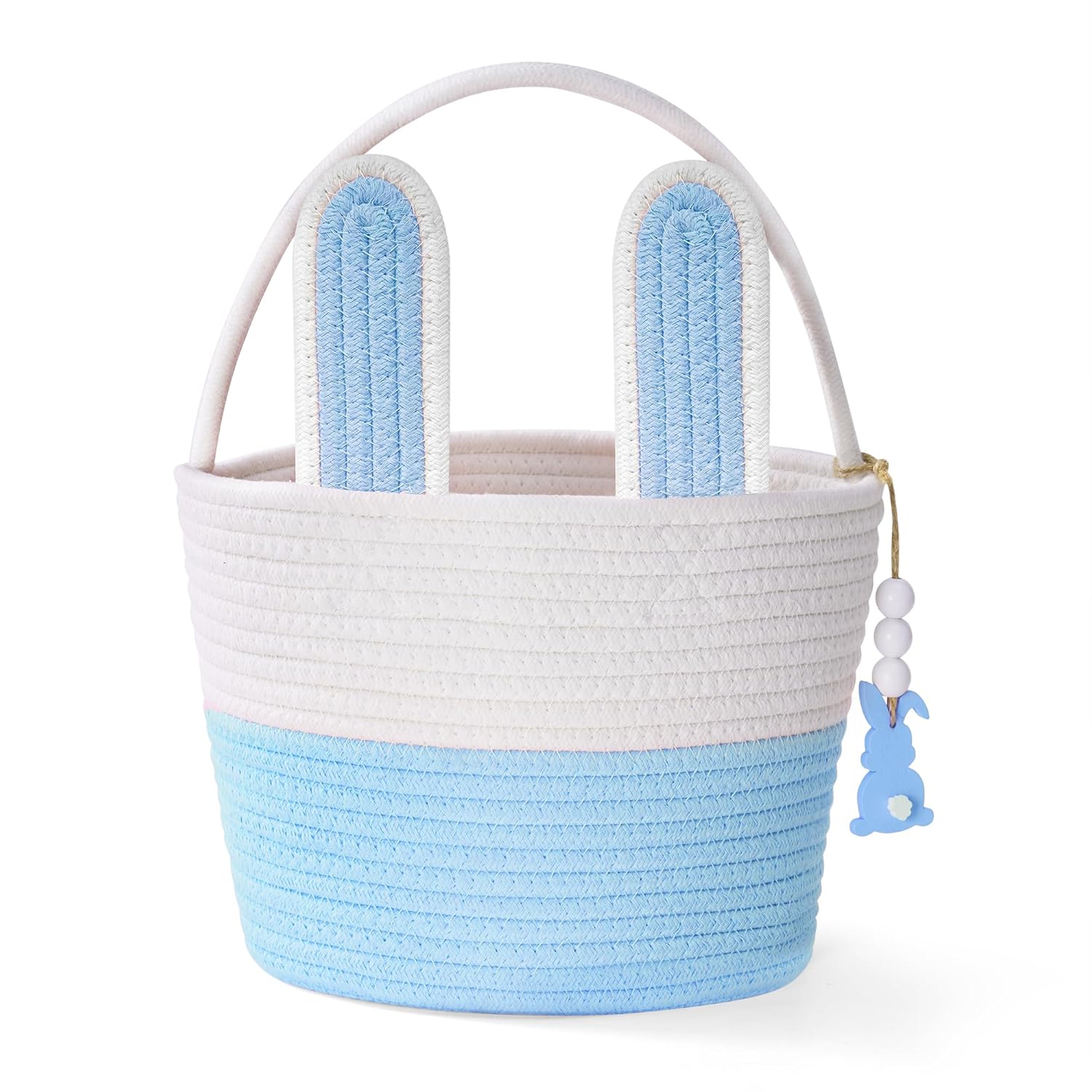 Easter Baskets for Kids, Blue Small Personalized Bunny Easter Basket Empty with Handle, Basket Tags, Woven Rope Egg Easter Baskets Gifts for Boys Girls Babies Toddler Infant, 8.7" x 6.9" x 6.3"