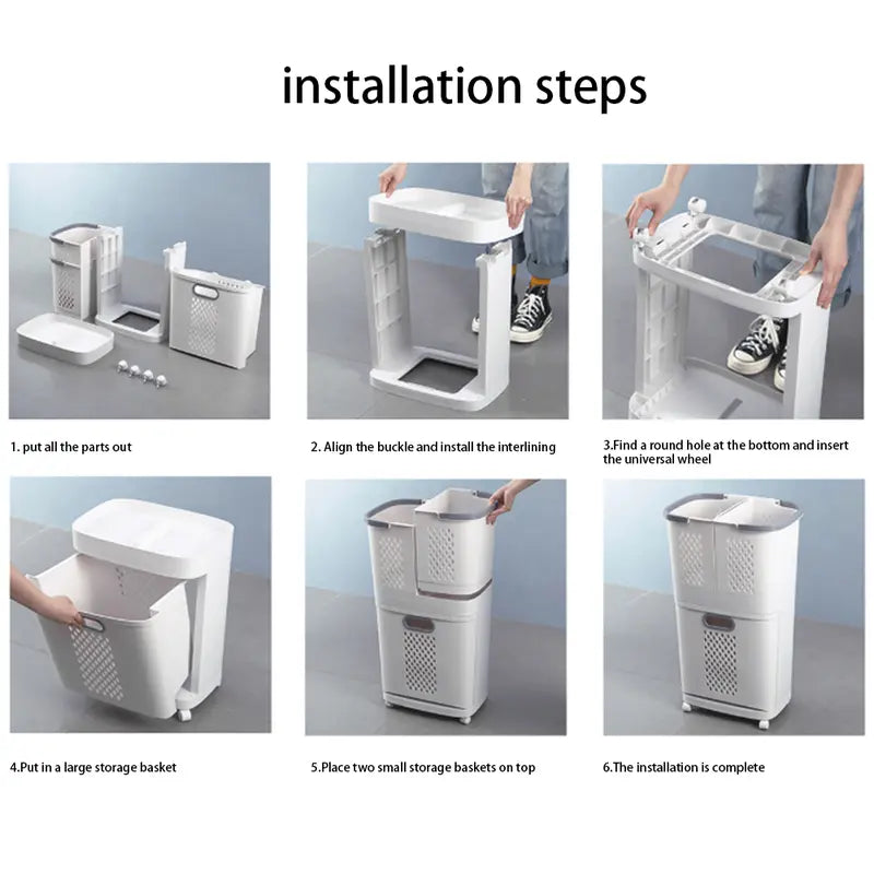 3 Section White Plastic LaundrySorter with Wheels Eco-Friendly RemovableBaskets Easy Rolling Hamper 4 Casters for EasyMovement