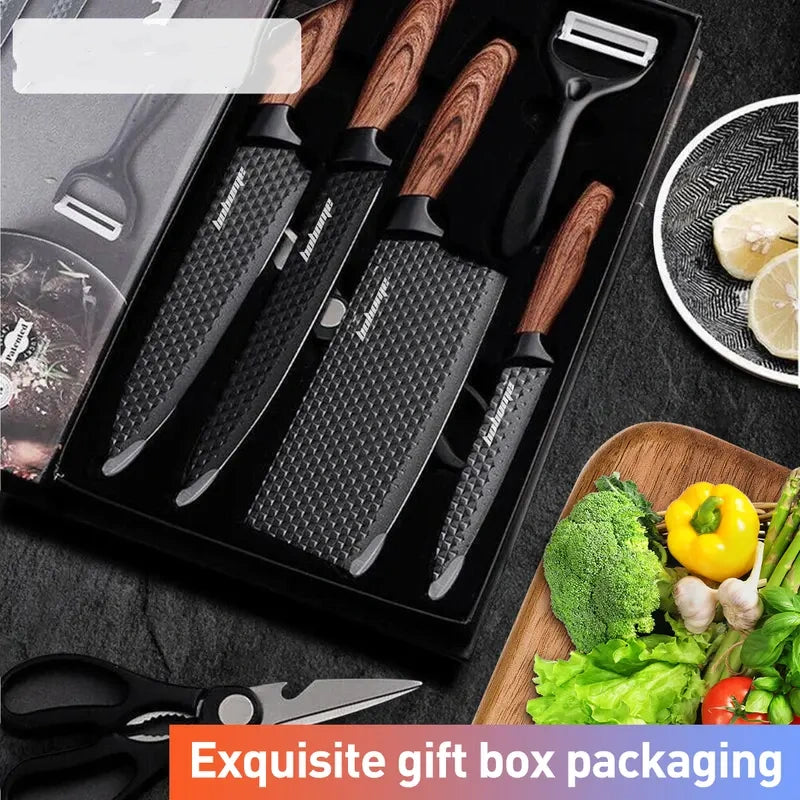 Knife Set with Gift Box, 6-Piece Kitchen Knife Set - Stainless Steel Ultra Sharp Chef Knife Set, Healthy Anti-Rust Coating, Anti-Rust Non-stick, Ergonomic Wood Grain Handle, Dishwasher Safe