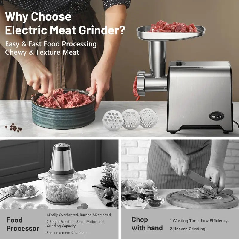 Electric Meat Grinders, Sausage Stuffer Maker 450W(3000W Max) Food Grinder with Blade & 3 Plates,Tubes & Kubbe Kit,Stainless Steel Meat Mincer Machine Ground Beef/Pork Home Kitchen Appliances Slicer