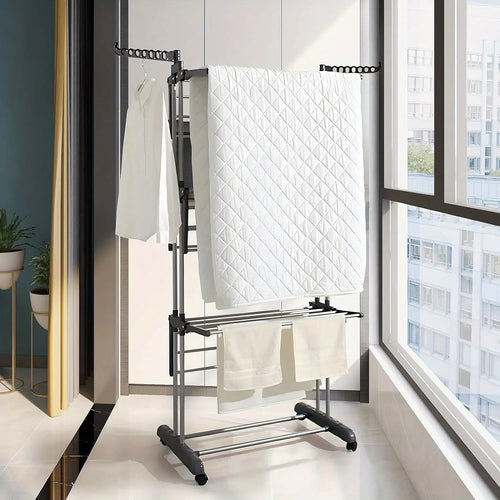 4-Tier Foldable Laundry Drying Rack with Wheels, Space-Saving Rolling Clothes Airer for Apartment, Balcony & Dorm