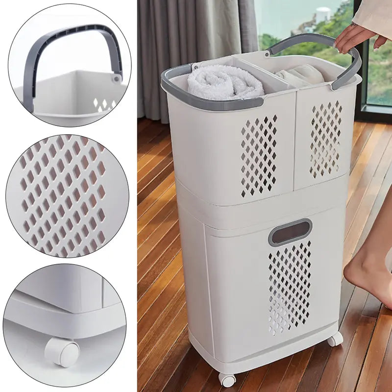 3 Section White Plastic LaundrySorter with Wheels Eco-Friendly RemovableBaskets Easy Rolling Hamper 4 Casters for EasyMovement